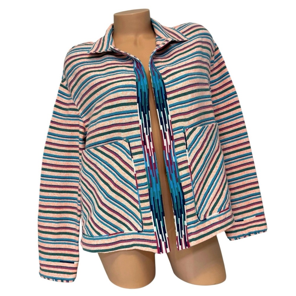 Zara Women's Size XS Textured Weave Jacket Pocket Blazer Striped‎ Open Front